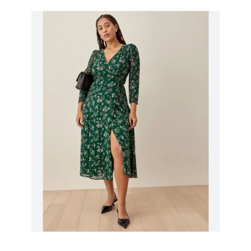 Reformation Melba Green Floral Wrap midi Dress Floral Sz S